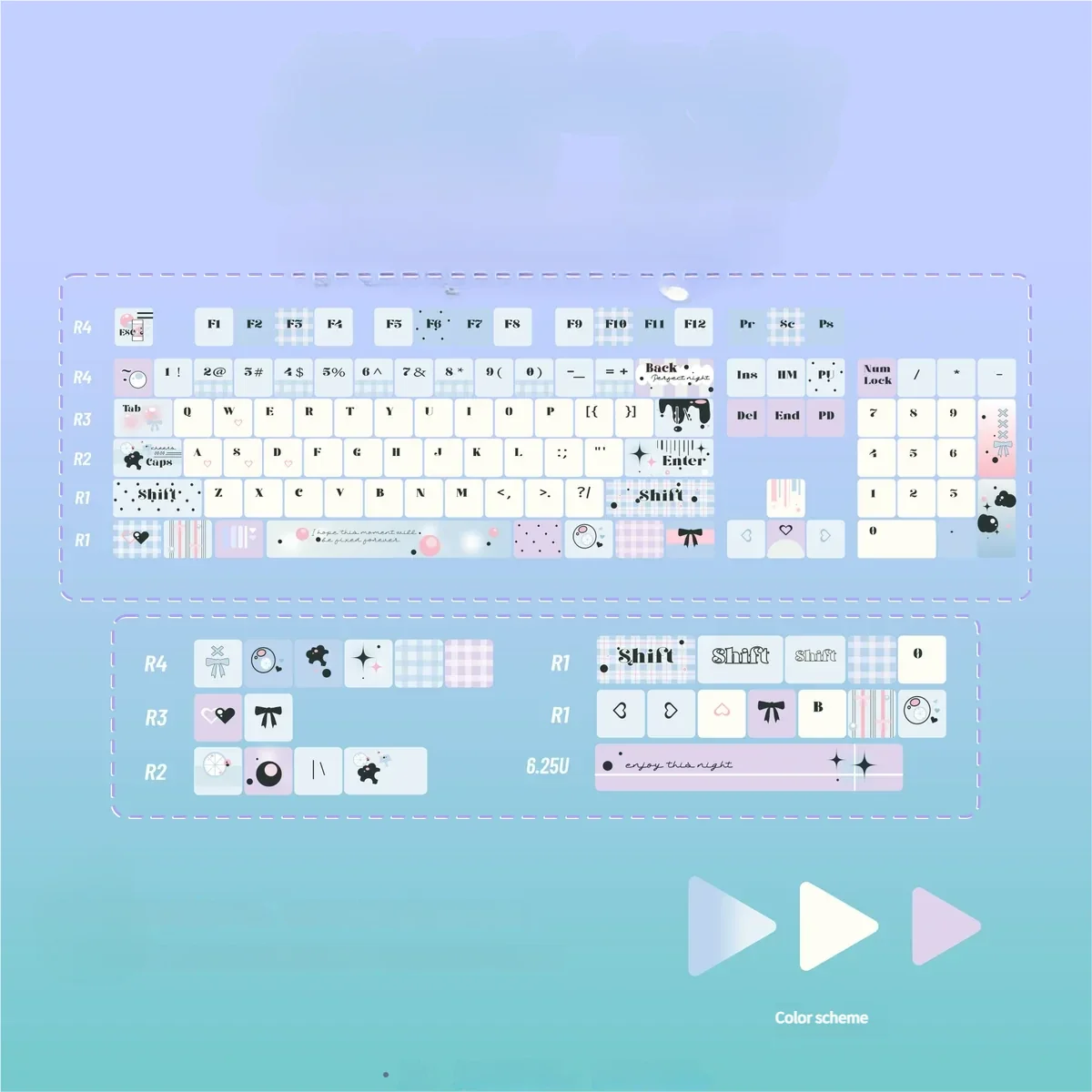 Artistic close-up of Dreamy Tipsy Bubbles PBT Dye-Sub Keycaps Set, showcasing soft pastel gradients and ethereal bubble patterns from a unique angle.