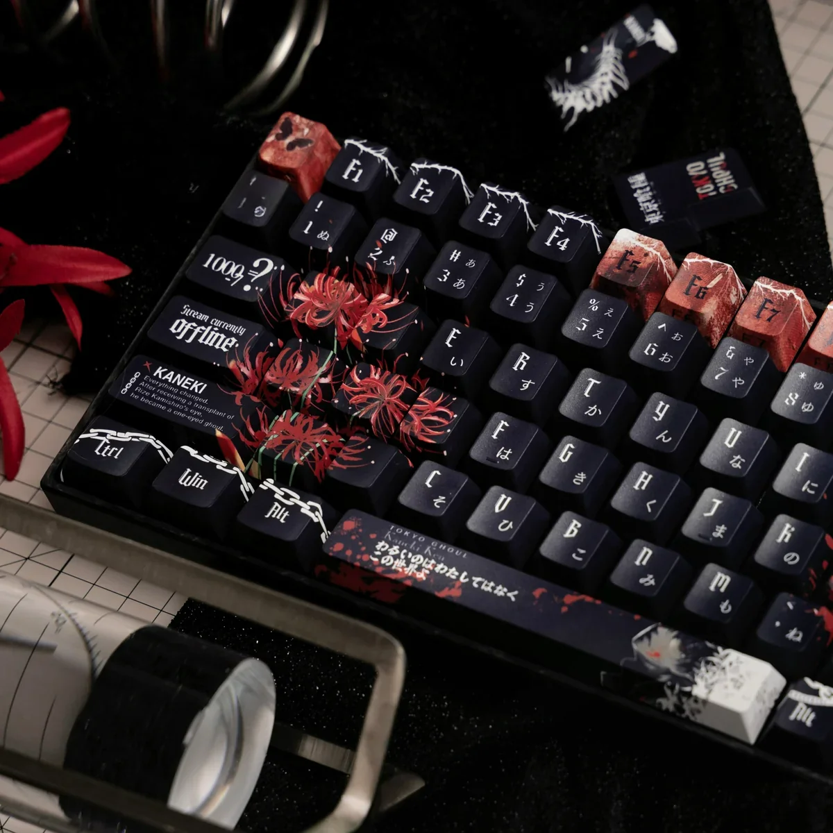 Artistic shot of Tokyo Ghoul Ken Kaneki side-printed PBT keycaps set, highlighting the unique shine-through legends from multiple angles.