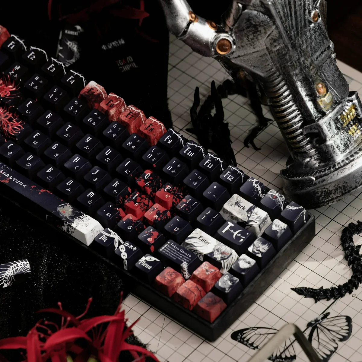 Artistic view of Tokyo Ghoul Ken Kaneki side-printed PBT keycaps set, highlighting luminous shine-through legends and dark anime aesthetic from a distinctive design.