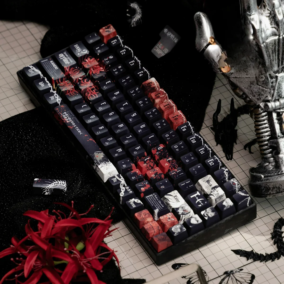 Detailed views of the exclusive Tokyo Ghoul Ken Kaneki side-printed shine-through PBT keycaps set, highlighting their dark anime aesthetic and luminous setup.