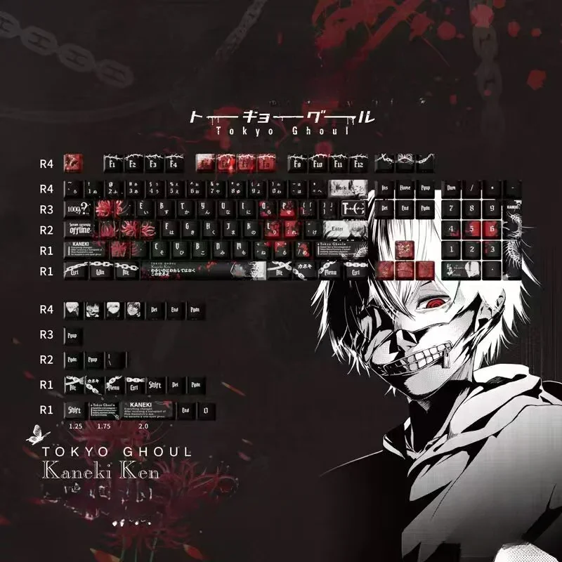 Close-up of Tokyo Ghoul Ken Kaneki side-printed PBT keycaps set, highlighting luminous shine-through legends and dark anime design from an alternative angle.