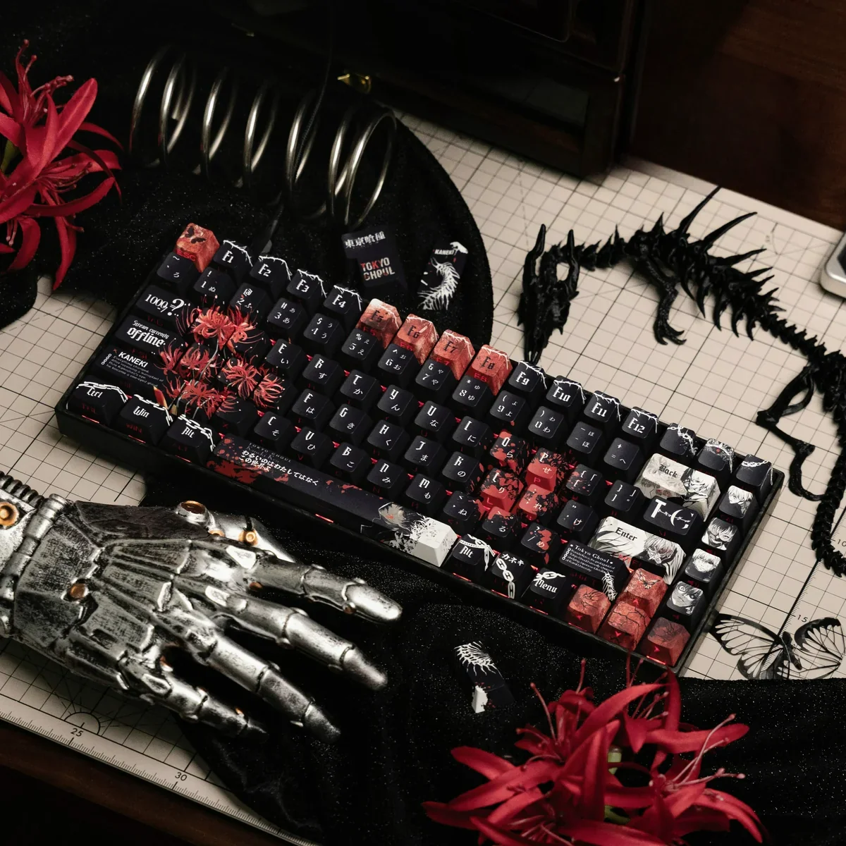 Main image of exclusive Tokyo Ghoul Ken Kaneki side-printed shine-through PBT keycaps set, capturing the dark anime aesthetic with luminous legends.