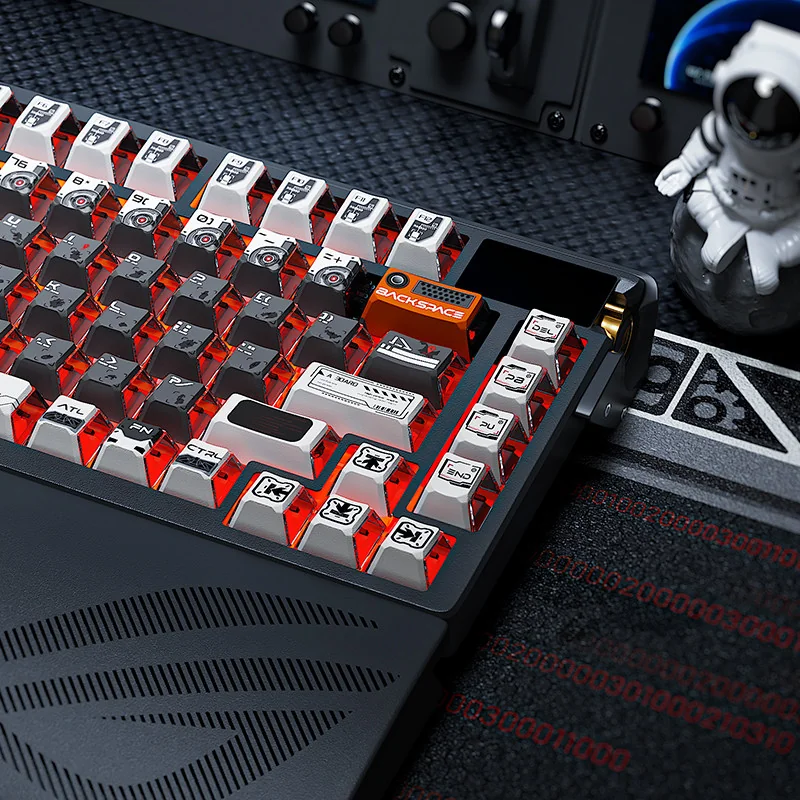 Observer RGB three-sided translucent keycap set, shown from various angles, emphasizing its captivating light-diffusing design and modern enigmatic design.