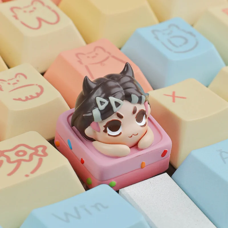 Close-up views of vibrant, handcrafted Valorant agent ESC keycaps, showcasing intricate details and artistic design from multiple angles.