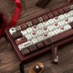 A luxurious Velvet Secret Realm PBT keycap set, showcasing intricate dye-sublimated designs from multiple elegant angles, evoking a mysterious.