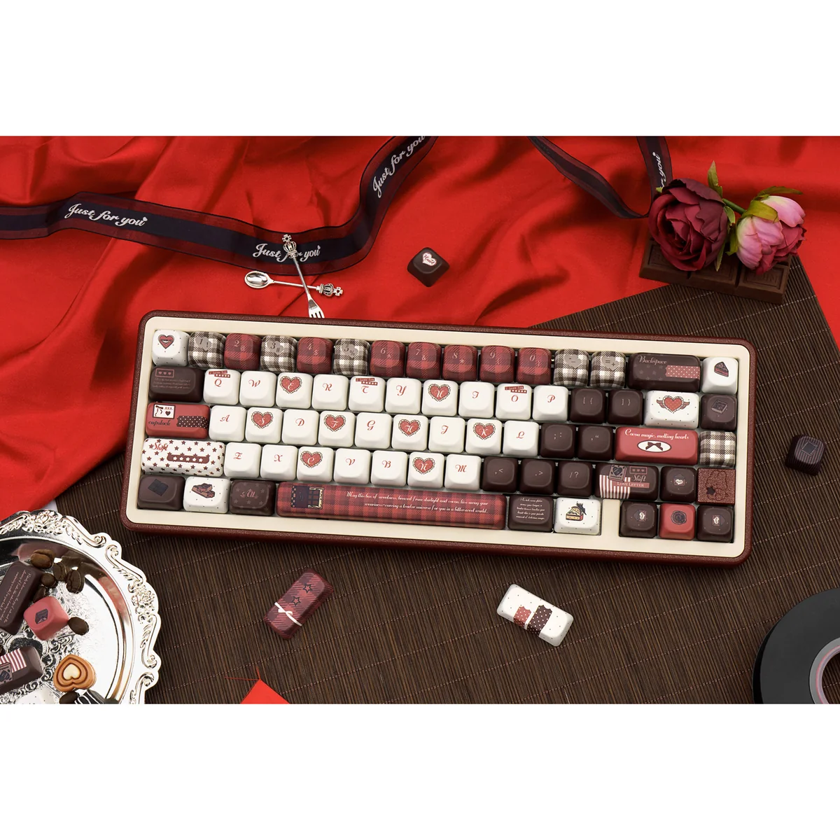 A close-up view of the Velvet Secret Realm PBT keycap set, highlighting its luxurious, mysterious dye-sub design with deep, soft hues and elegant setup.