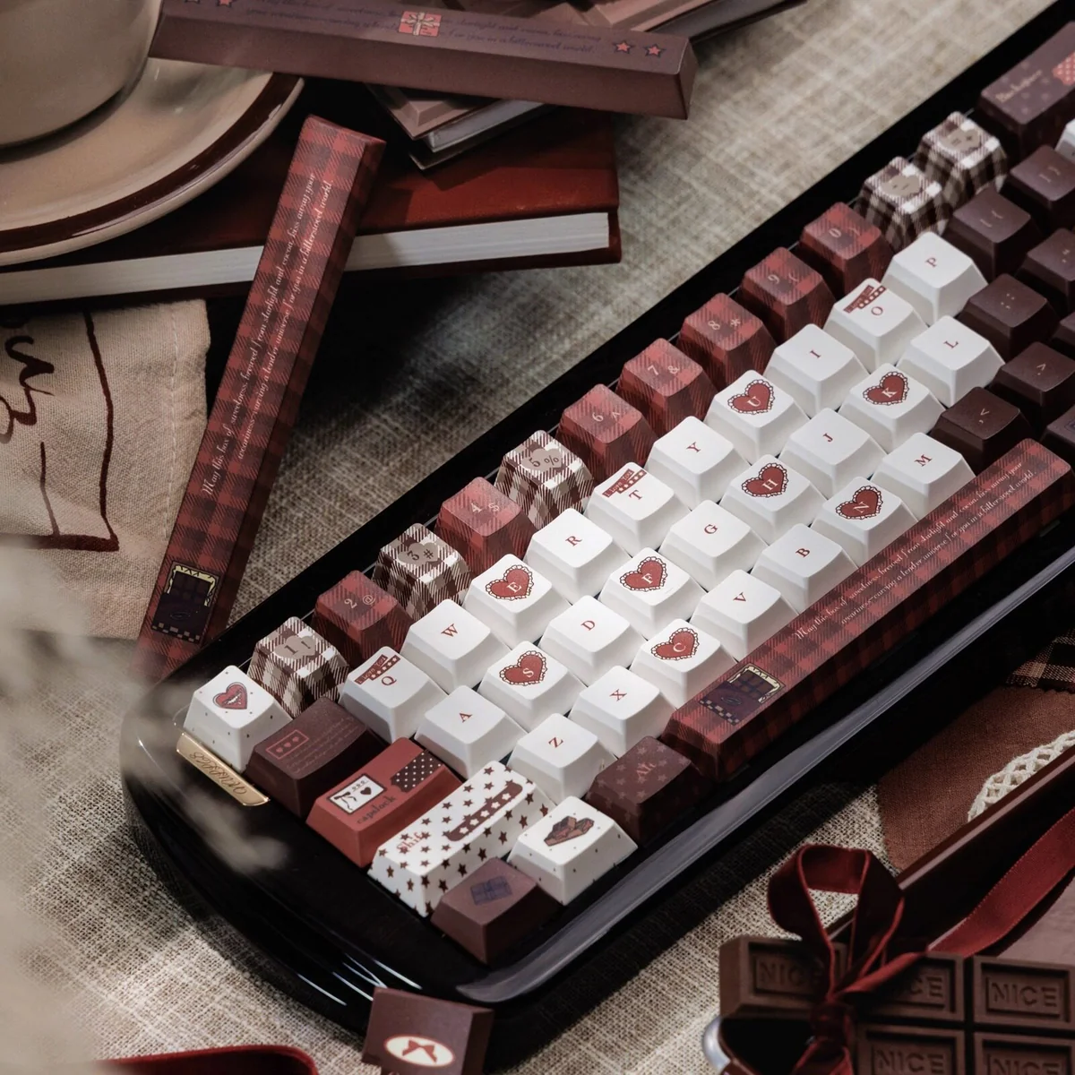 Velvet Secret Realm PBT keycap set, a luxurious and mysterious dye-sub design with deep, soft hues and intricate, elegant detailing.