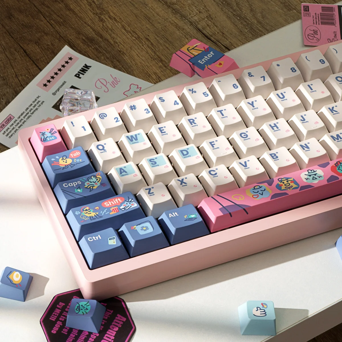 Vibrant Dopamine PBT Dye-Sub keycaps set, showcasing their mood-boosting, high-contrast colors from a playful, ergonomic perspective.