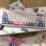 A playful collection of vibrant Dopamine PBT Dye-Sub Keycaps Set shown from multiple angles, highlighting their high-contrast, mood-boosting colors.