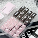 Close-up of enchanting Whimsical Rabbit Glitter PBT Keycaps set, showcasing the unique hand-painted details and sparkling finish from various angles.