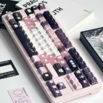 Whimsical Rabbit Glitter PBT Keycaps Set, hand-painted with an enchanting rabbit design, sparkling details from a unique angle.