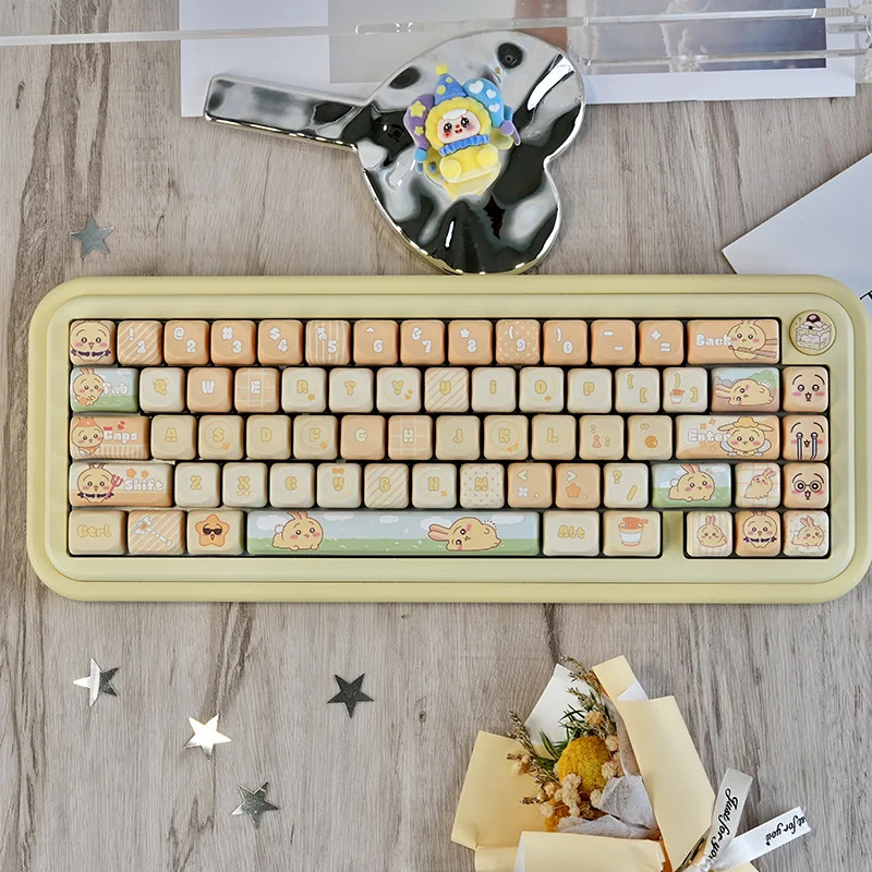Charming Usagi PBT MOA Keycap Set, a whimsical artisan design featuring a Japanese rabbit in soft colors, perfect for custom keyboards.