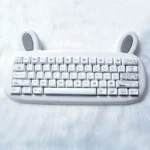 Miffy PBT shine-through keycaps set. Iconic Miffy art on clean white PBT. Unique angle showcases translucent side-engraved legends, adding whimsical design.