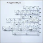 Adorable Miffy PBT shine-through keycaps set, showcasing iconic Miffy character art on clean white PBT with translucent side-engraved legends from various angle.