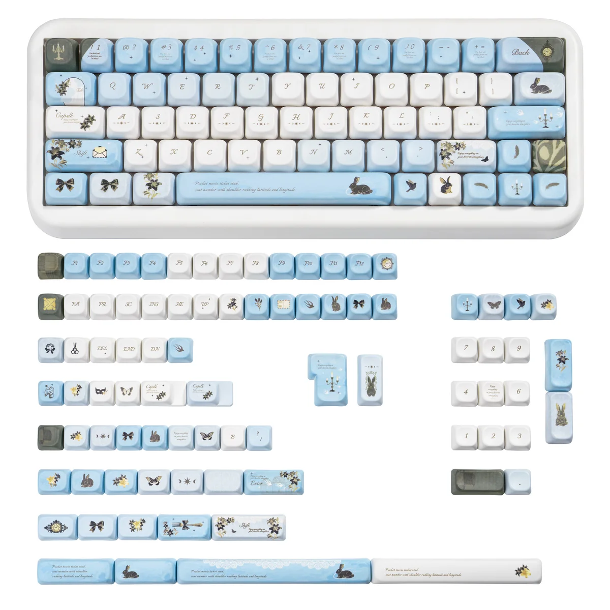 Wild Lily Notebook PBT and Transparent PC keycaps set, featuring delicate floral art, vintage journal elements, and elegant transparent accents.