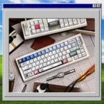 Nostalgic Windows 98 PBT Dye-Sub Keycaps Set, showcasing vibrant retro UI and playful glitch art from a unique view. For MX keyboards.