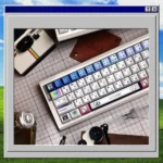 Nostalgic Windows 98 PBT Dye-Sub Keycap Set for MX, featuring retro UI elements, playful glitch art, and vibrant translucent accents.