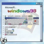 Vibrant Windows 98 PBT dye-sub keycap set, 130 keys, showcasing playful retro UI and refractive translucent effects for MX keyboards.