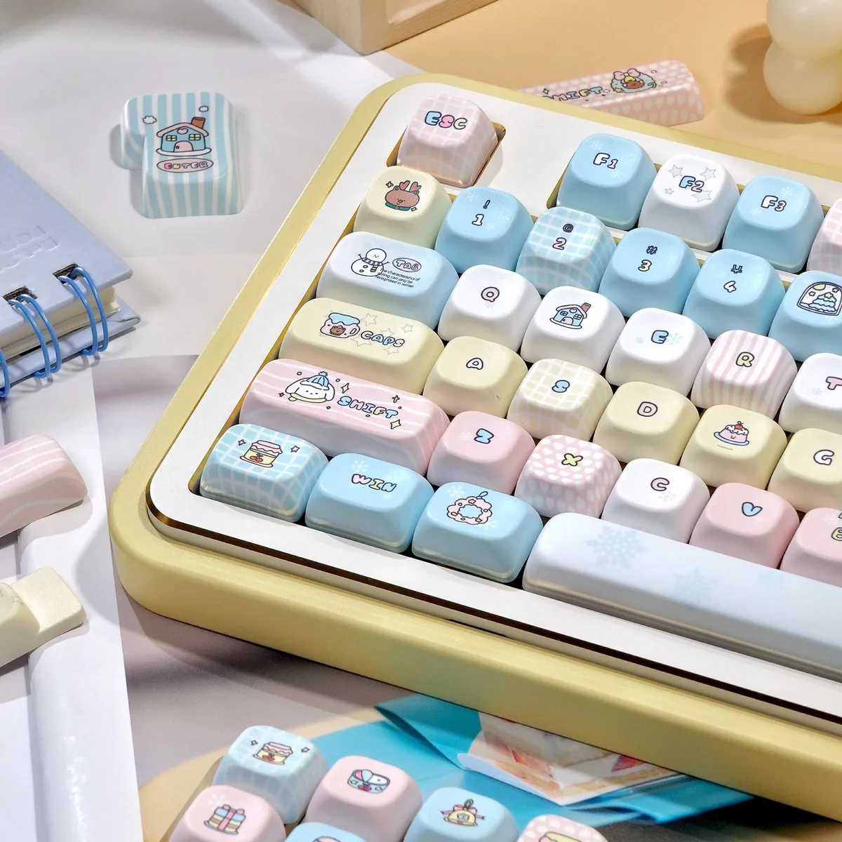 Serene Winter PBT Keycap Set, different angle. Durable PBT, crisp dye-sub legends. Artistic cool winter landscape; calm, elegant aesthetics.