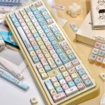Serene Winter PBT Keycap Set. Durable PBT and crisp dye-sub legends in cool hues. An artistic view of its calm winter aesthetic.