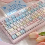 Detailed angles of the Serene Winter PBT Keycap Set, revealing durable dye-sub legends and the artistic cool hues immersive winter aesthetics.