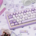 Whimsical Wishing Rabbit PBT Dye-Sub keycaps in a 139-piece set, featuring dreamy pastel rabbits and celestial designs from multiple perspectives.