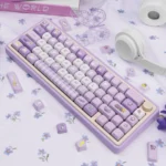 A close-up view of the Whimsical Wishing Rabbit PBT Dye-Sub 139-keycap set, showcasing playful rabbit designs and pastel celestial elements from multiple angle.