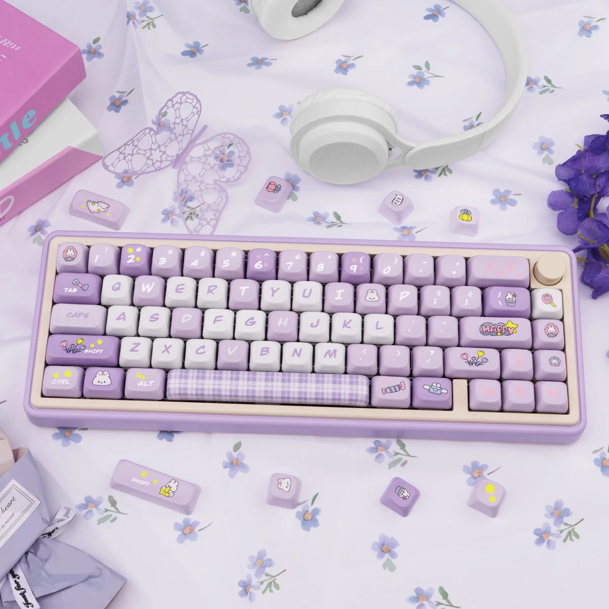 Whimsical Wishing Rabbit PBT Dye-Sub keycaps set, showcasing dreamy pastel rabbits and celestial motifs. This magical 139-keycap set offers playful charm.