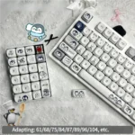 A close-up view of the whimsical Working Penguin PBT MOA dye-sub keycaps set, highlighting charming cartoon penguins diligently navigating their daily typing.