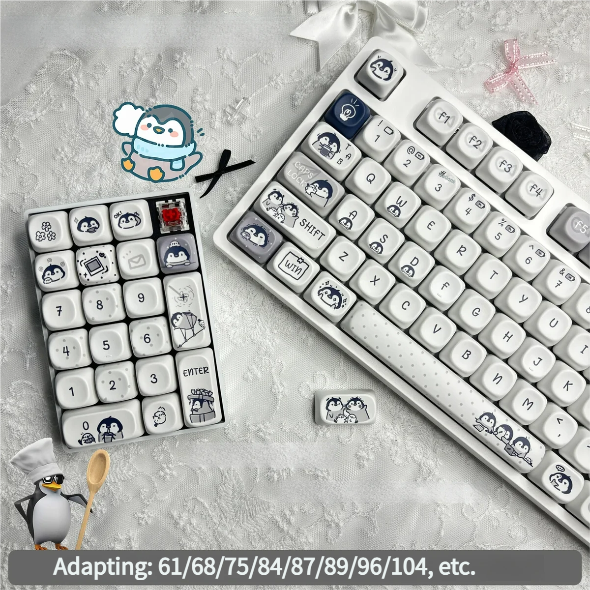 A close-up view of the whimsical Working Penguin PBT MOA dye-sub keycaps set, highlighting charming cartoon penguins diligently navigating their daily typing.