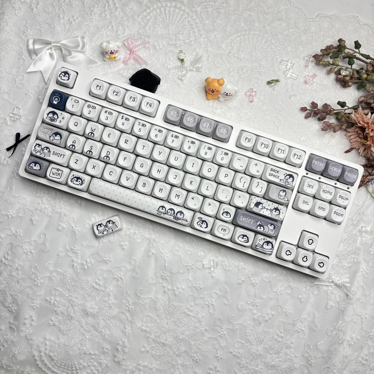 A whimsical collection of Working Penguin PBT Dye-Sub keycaps set, showing the unique MOA set from various angles with charming cartoon penguins.