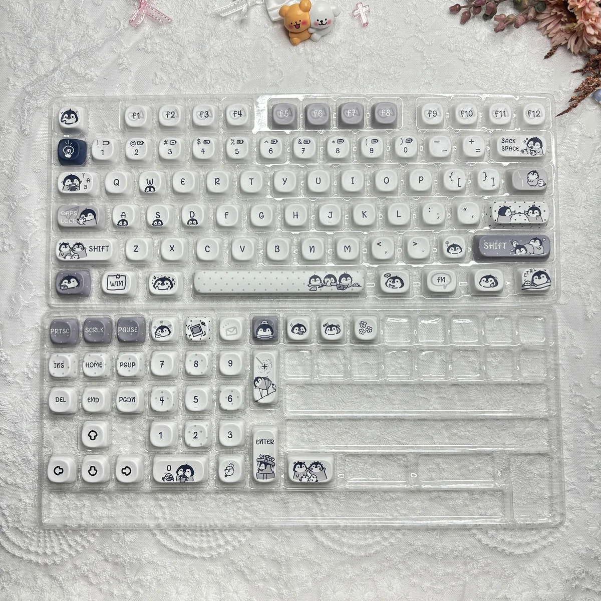 Gallery of Whimsical Working Penguin PBT Keycaps MOA dye-sub set. See unique, endearing cartoon penguins with charming, whimsical expressions from mutiple angle.