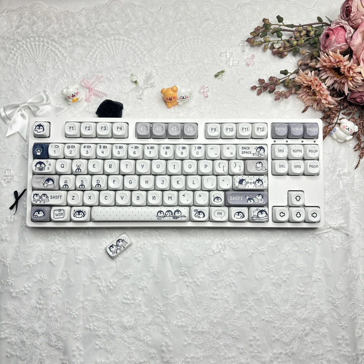 Close-up of unique Working Penguin PBT Dye-Sub Keycaps Set, showcasing endearing cartoon penguins in whimsical daily work scenarios, perfect for a playful keyboard.