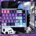 A close-up side profile of Rhythm Psychosis RGB PBT Keycaps Set, showcasing the vibrant side-lit legends and unique glitch aesthetic in dynamic light.