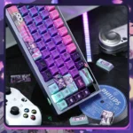 Rhythm Psychosis Side-Lit RGB PBT Keycaps Set, showcasing their unique glitch aesthetic and vibrant side-lit legends from various angles on a dynamic RGB design.