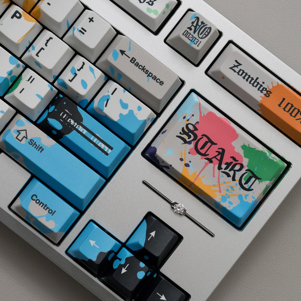 Exclusive Zom 100 Graffiti PBT Keycaps Set from various angles, displaying vibrant anime characters and rebellious street art for an artistic keyboard.