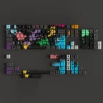 Exclusive Zom 100 Graffiti PBT Keycaps set, showcasing vibrant anime characters and dynamic street art from various angles for an artistic keyboard.