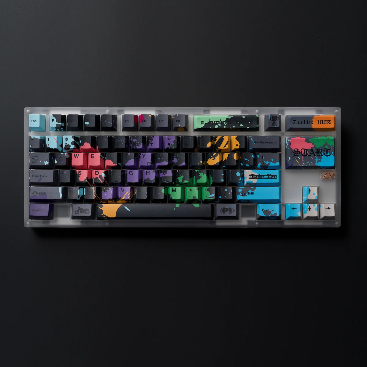 Exclusive Zom 100 Graffiti PBT Keycap Set showcasing vibrant anime characters amidst dynamic, rebellious street art.