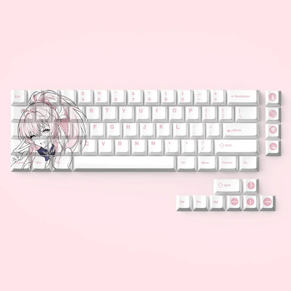 Aemeath Keycaps Set: Durable dye-sub PBT Cherry profile set, viewed from various angles, emphasizing crisp legends and refined textured finish.