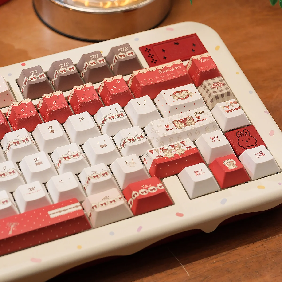 Afternoon Whispers PBT Keycaps Set, serene and durable, viewed from multiple angles. Highlights gentle pastel hues, delicate accents, and a tranquil, cozy design.