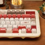 Afternoon Whispers PBT Keycaps Set. Serene, durable PBT set with gentle pastel hues and delicate accents. Various angles highlight tranquil, cozy aesthetic design.