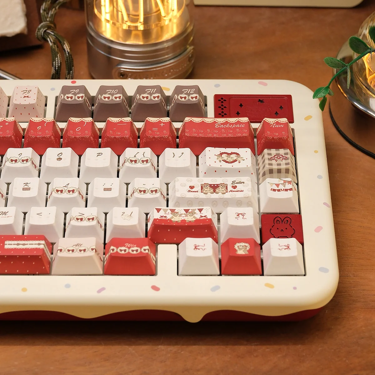 Afternoon Whispers PBT Keycaps Set. Serene, durable PBT set with gentle pastel hues and delicate accents. Various angles highlight tranquil, cozy aesthetic design.