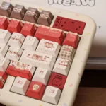 Afternoon Whispers PBT Keycaps Set: serene pastel hues, delicate accents, and durable PBT, shown from various angles, creating a tranquil typing set.