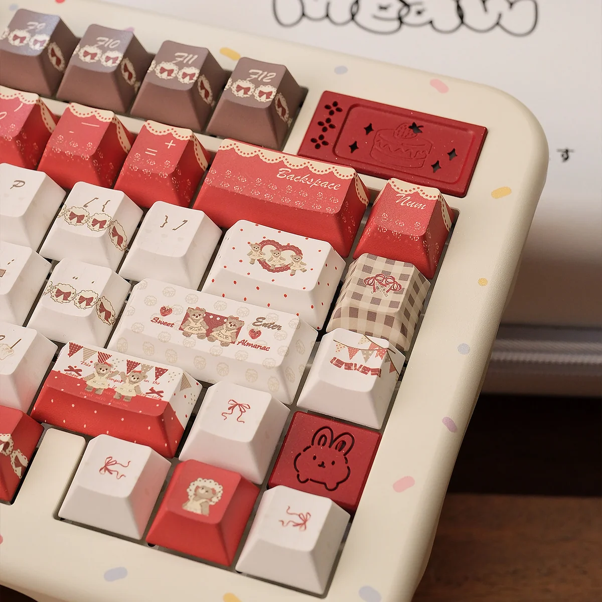 Afternoon Whispers PBT Keycaps Set: serene pastel hues, delicate accents, and durable PBT, shown from various angles, creating a tranquil typing set.