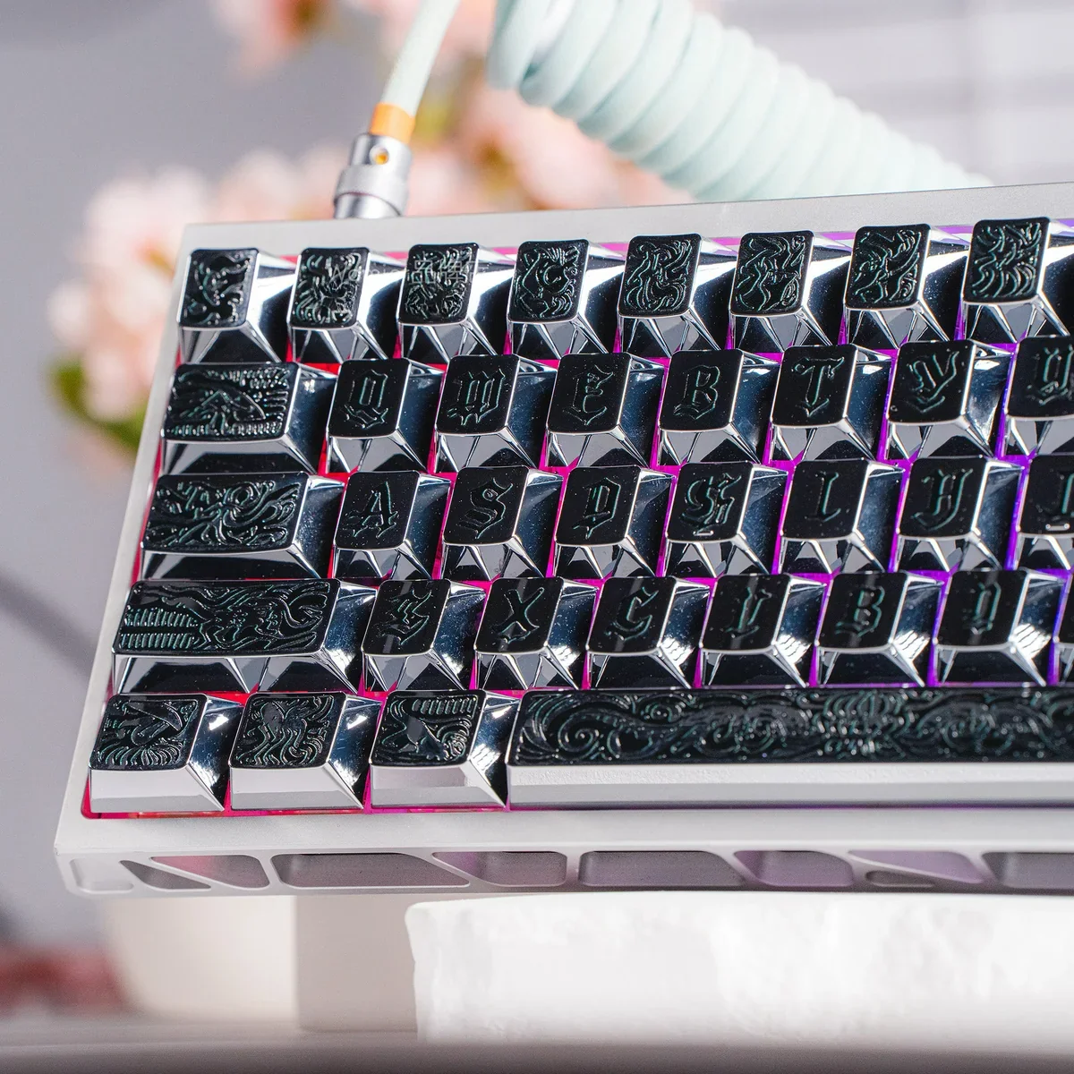 Detailed views of the Ancient Beast Cherry Keycap Set, featuring multiple ancient beast designs sculpted in premium metallic paint, highlighting their intricate artistic design.