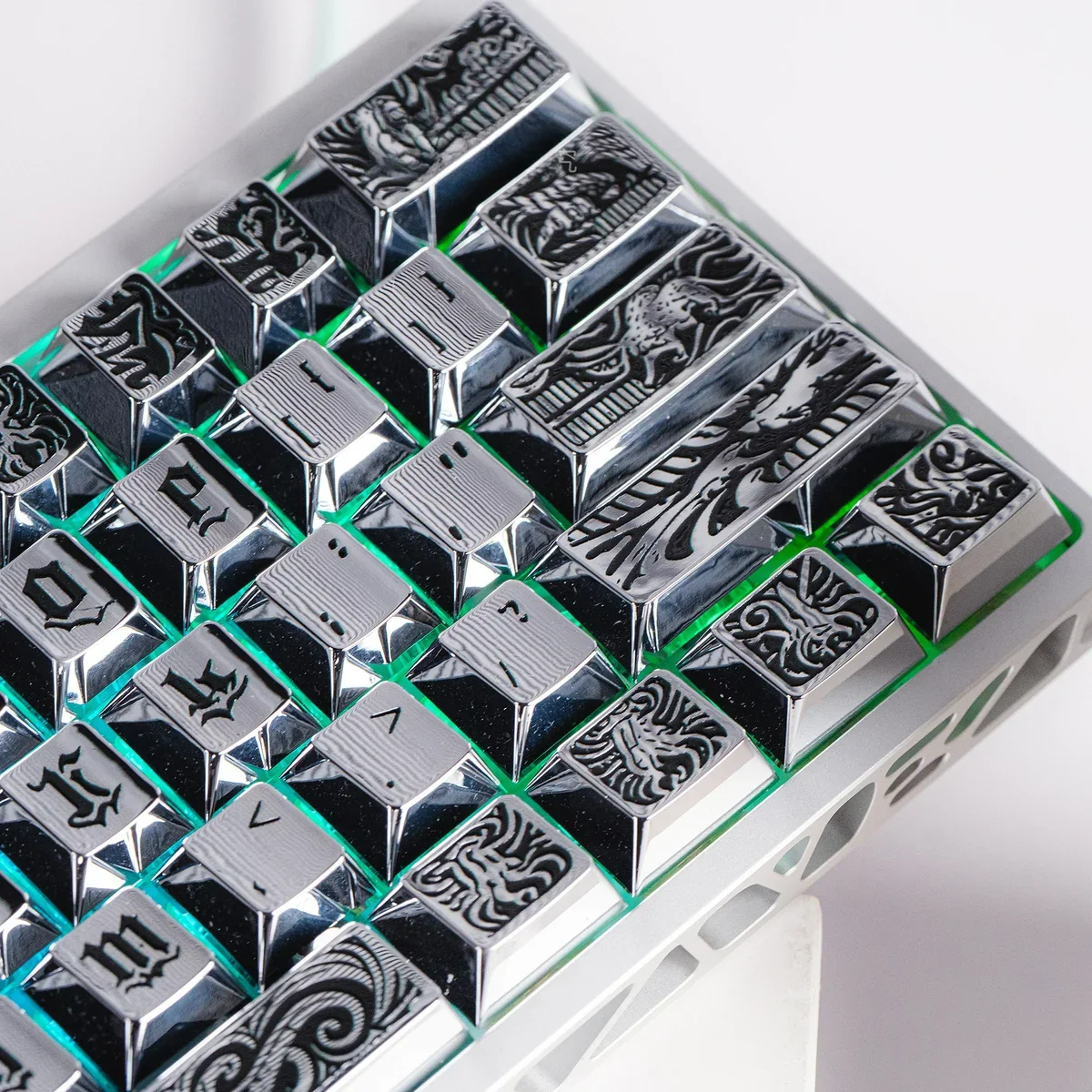 A unique angle of Ancient Beast Cherry Keycap Set, revealing its intricate ancient beast design sculpted in premium artisan craft.