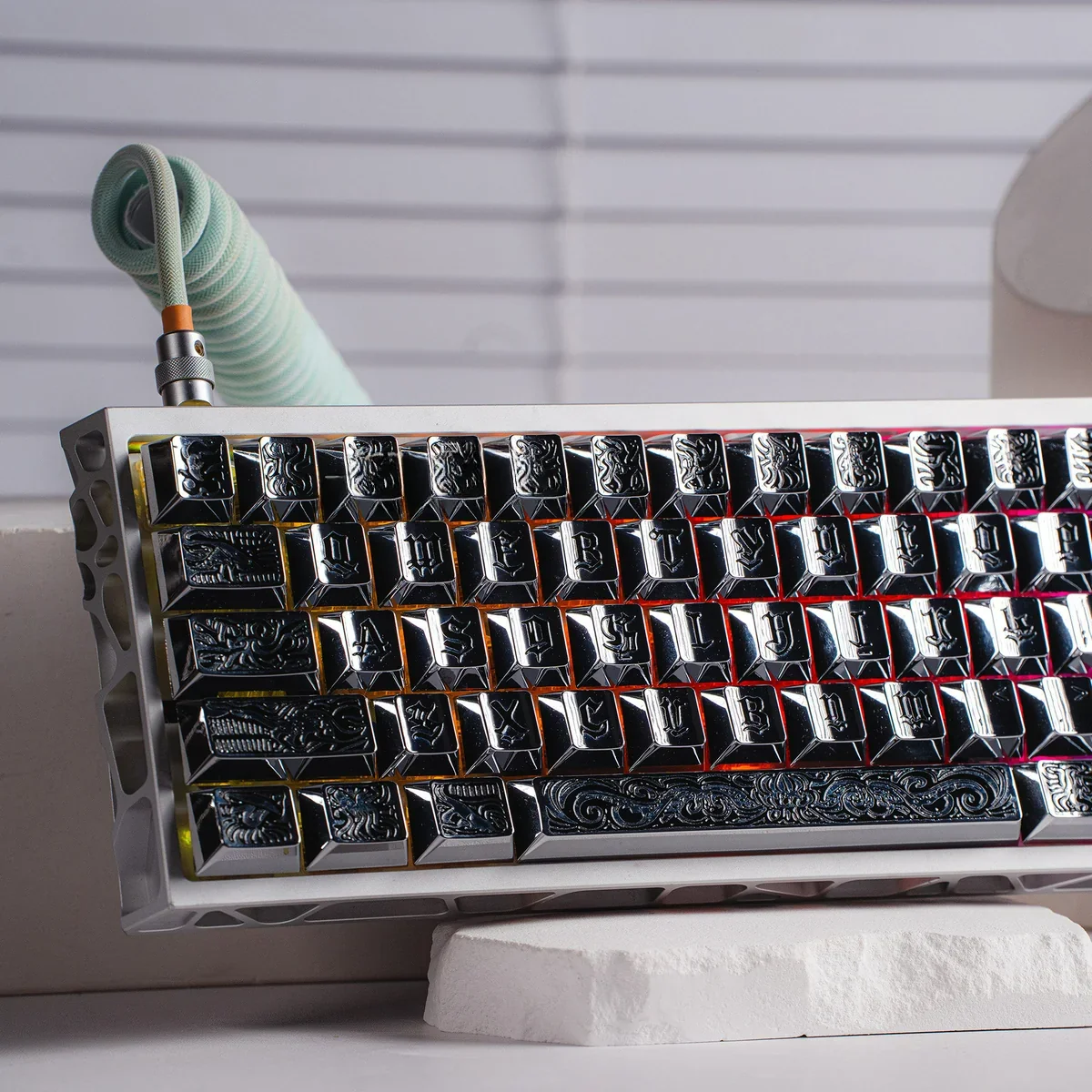 Ancient Beast Cherry Keycap Set showcasing intricate ancient beast designs, artisan crafted from premium metallic paint, evoking power and legend.