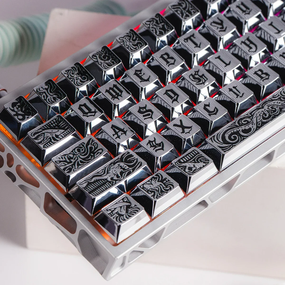Ancient Beast Cherry Keycap Set. Ancient beast artisan craft in premium metallic paint, shown from multiple angles. Exquisite details evoking legendary power.