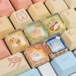 Whimsical handcrafted Camping Biscuit Artisan ESC Keycap, showcasing miniature animal characters in cozy camping scenes. Multiple angles reveal unique design.