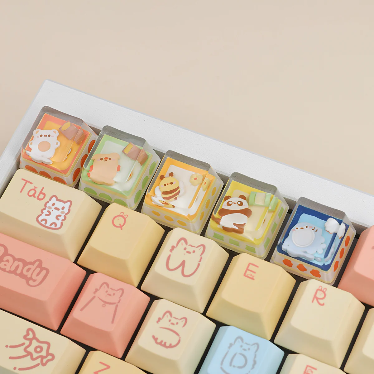 Whimsical handcrafted Camping Biscuit Artisan Keycap ESC featuring a charming miniature animal enjoying a cozy nature scene. Unique and artistic customization setup.